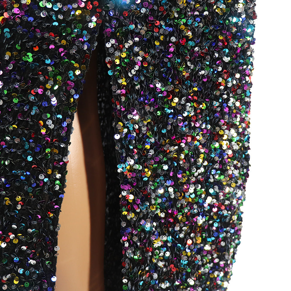 African Dress Elastic Color Spell Tassel Sequin Dress-Style-My Store