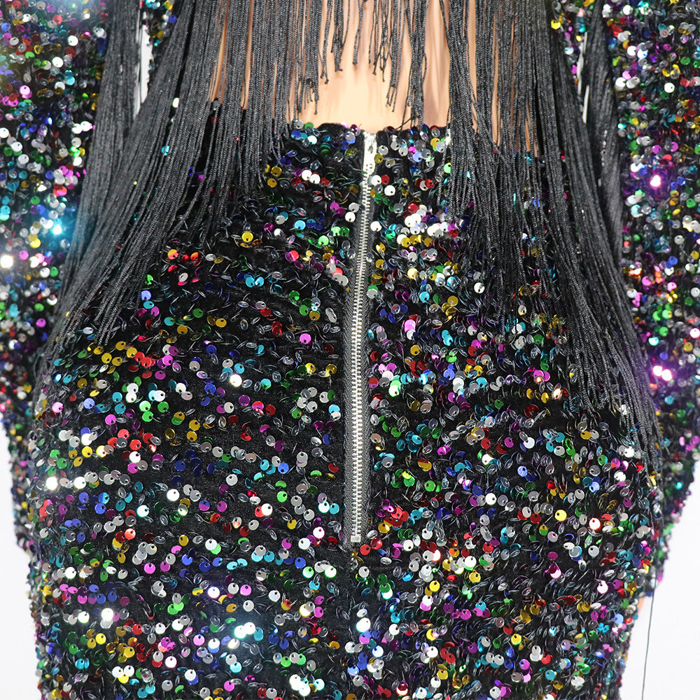 African Dress Elastic Color Spell Tassel Sequin Dress-Style-My Store