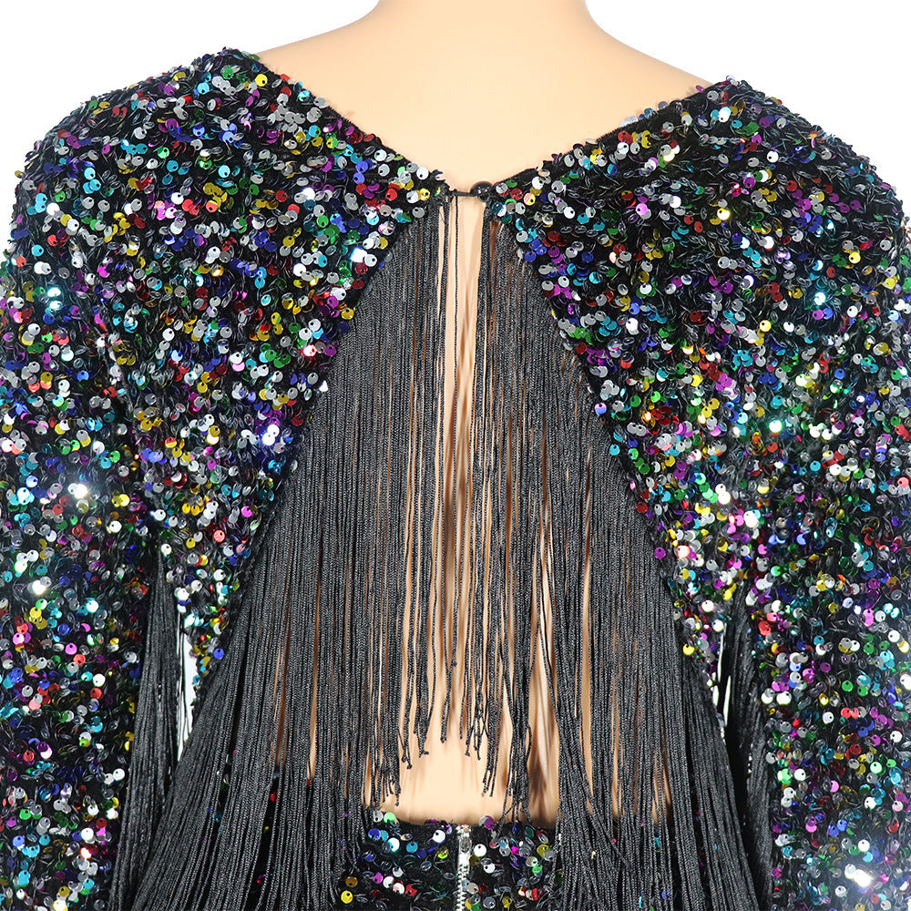 African Dress Elastic Color Spell Tassel Sequin Dress-Style-My Store