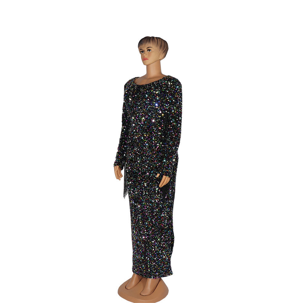 African Dress Elastic Color Spell Tassel Sequin Dress-Style-My Store