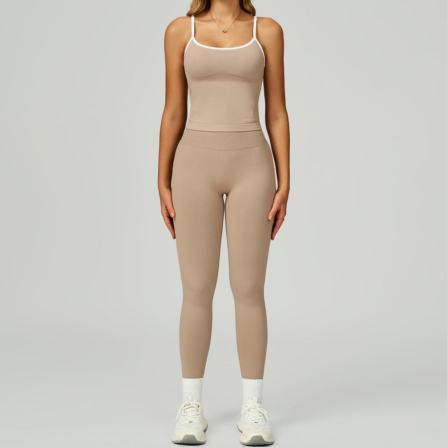 Seamless color blocking yoga set, hollow back and high waist fitness suit, outdoor running sports set for women-Women's Clothing-Dropsure