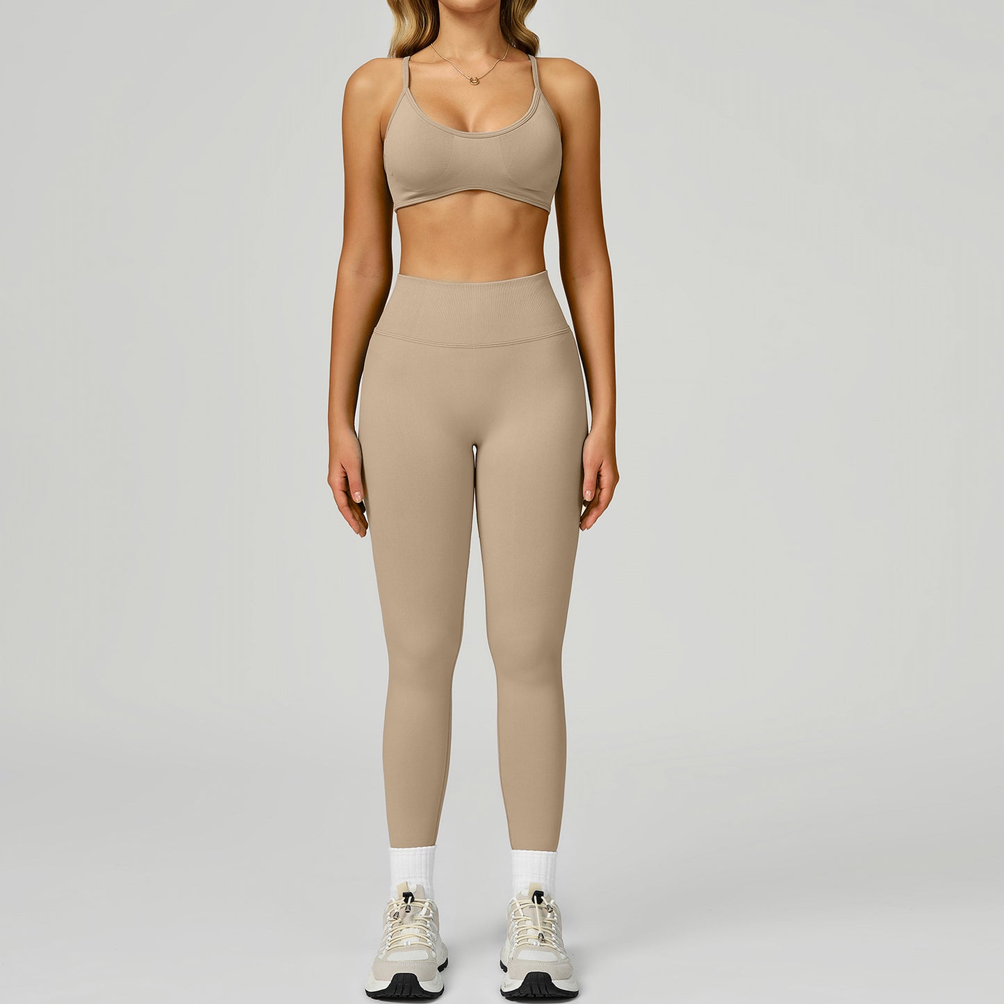 Seamless color blocking yoga set, hollow back and high waist fitness suit, outdoor running sports set for women-Women's Clothing-Dropsure