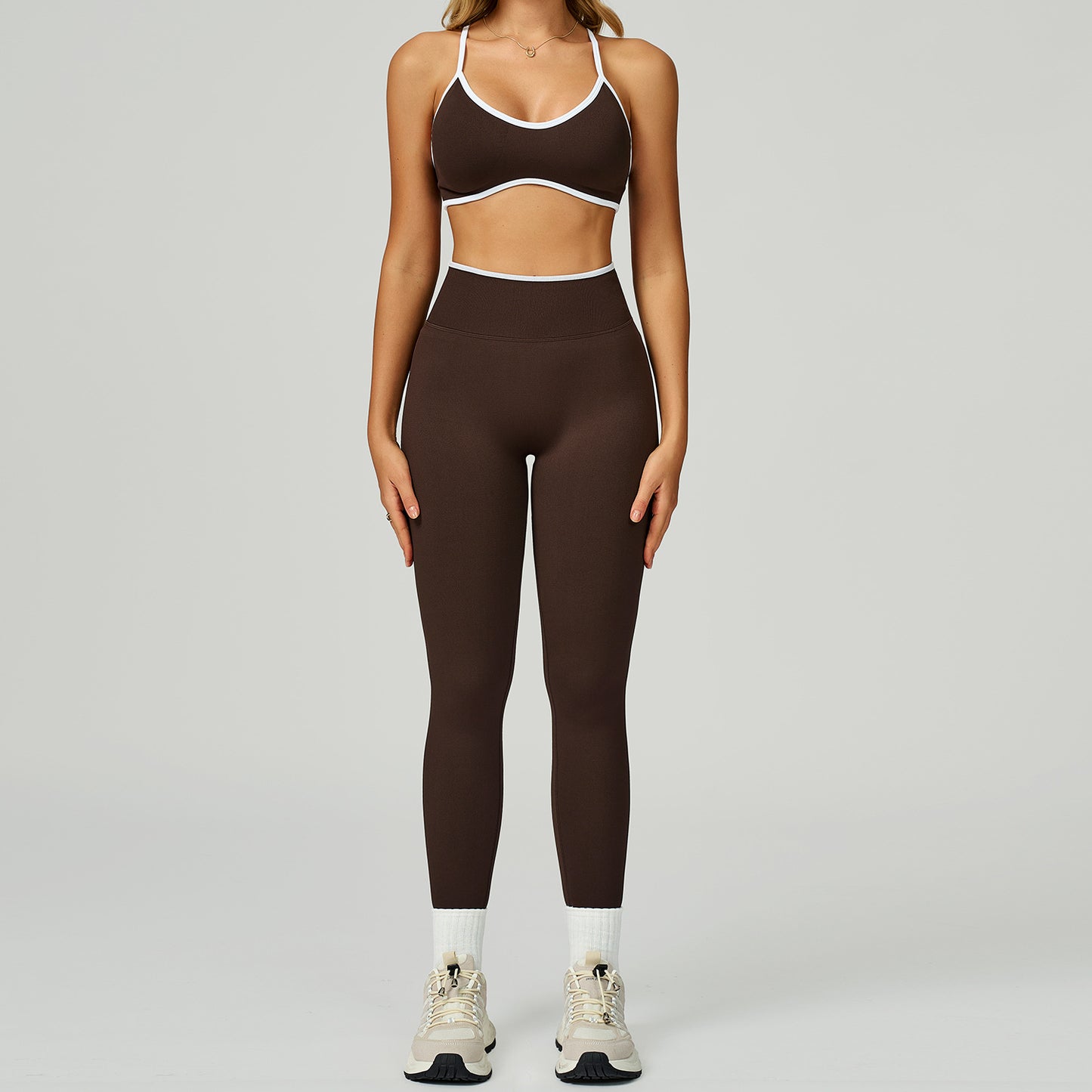 Seamless color blocking yoga set, hollow back and high waist fitness suit, outdoor running sports set for women-Women's Clothing-Dropsure