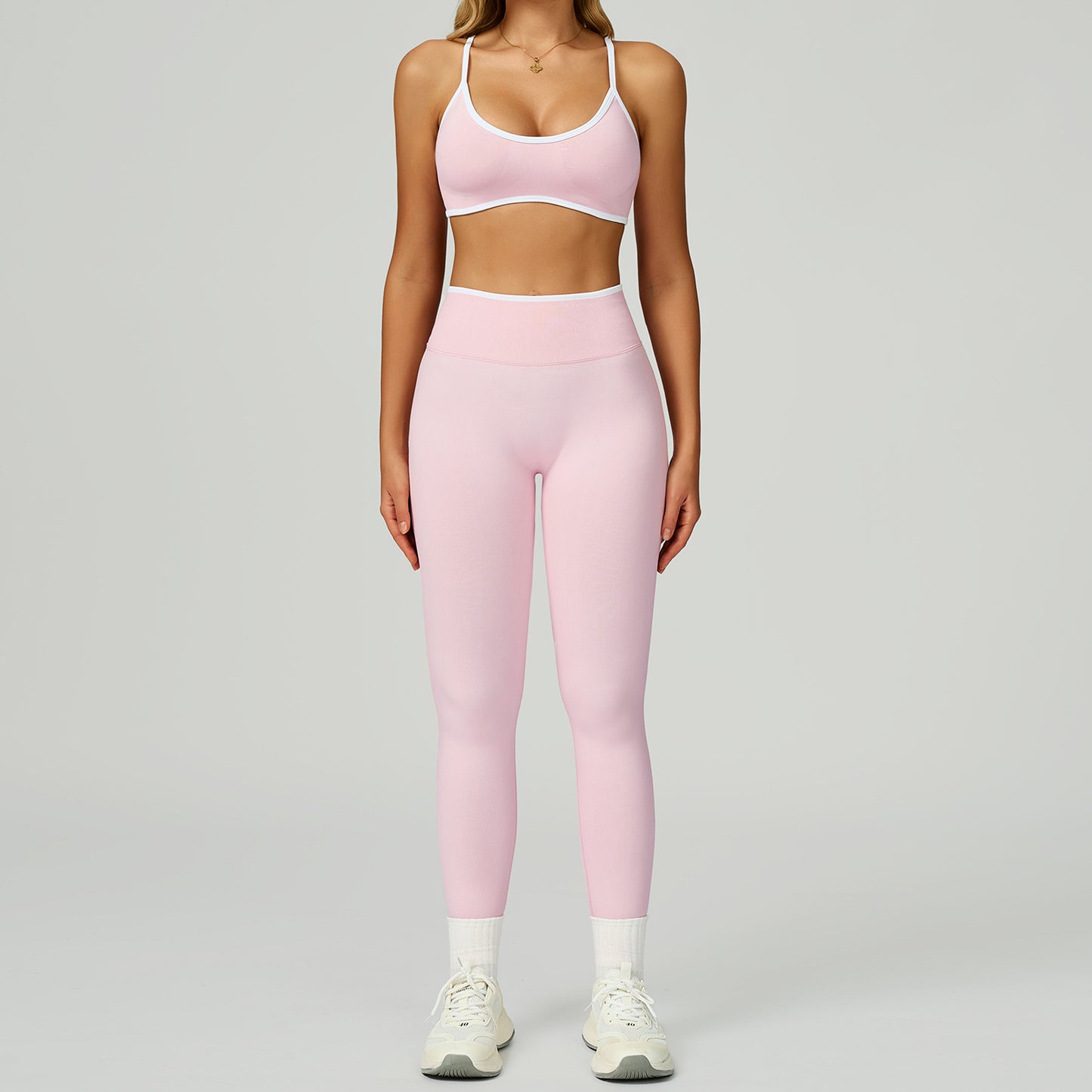 Seamless color blocking yoga set, hollow back and high waist fitness suit, outdoor running sports set for women-Women's Clothing-Dropsure