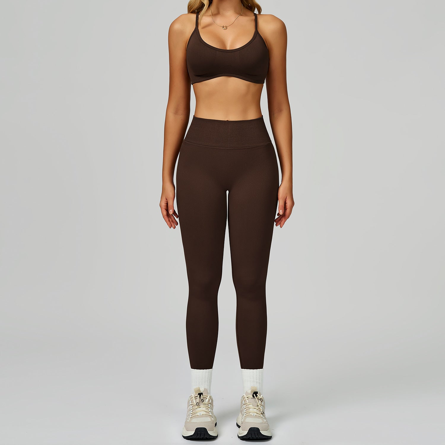 Seamless color blocking yoga set, hollow back and high waist fitness suit, outdoor running sports set for women-Women's Clothing-Dropsure