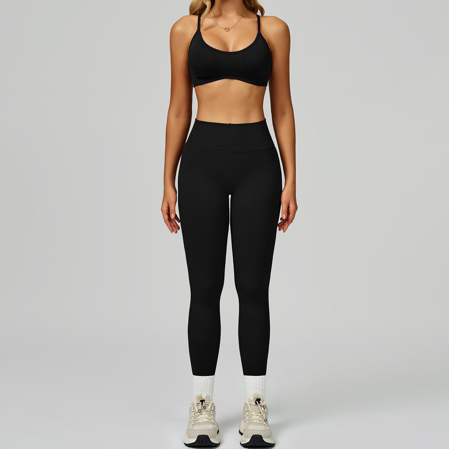Seamless color blocking yoga set, hollow back and high waist fitness suit, outdoor running sports set for women-Women's Clothing-Dropsure