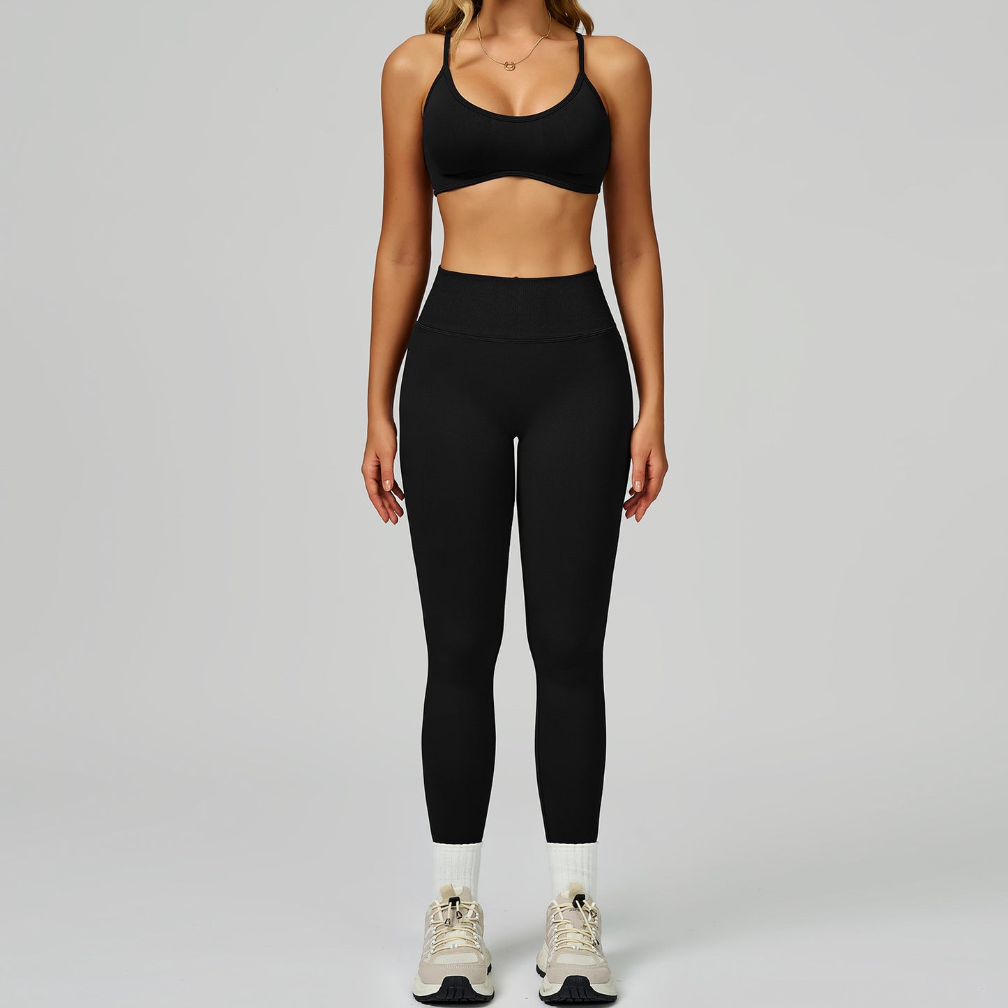 Seamless color blocking yoga set, hollow back and high waist fitness suit, outdoor running sports set for women-Women's Clothing-Dropsure