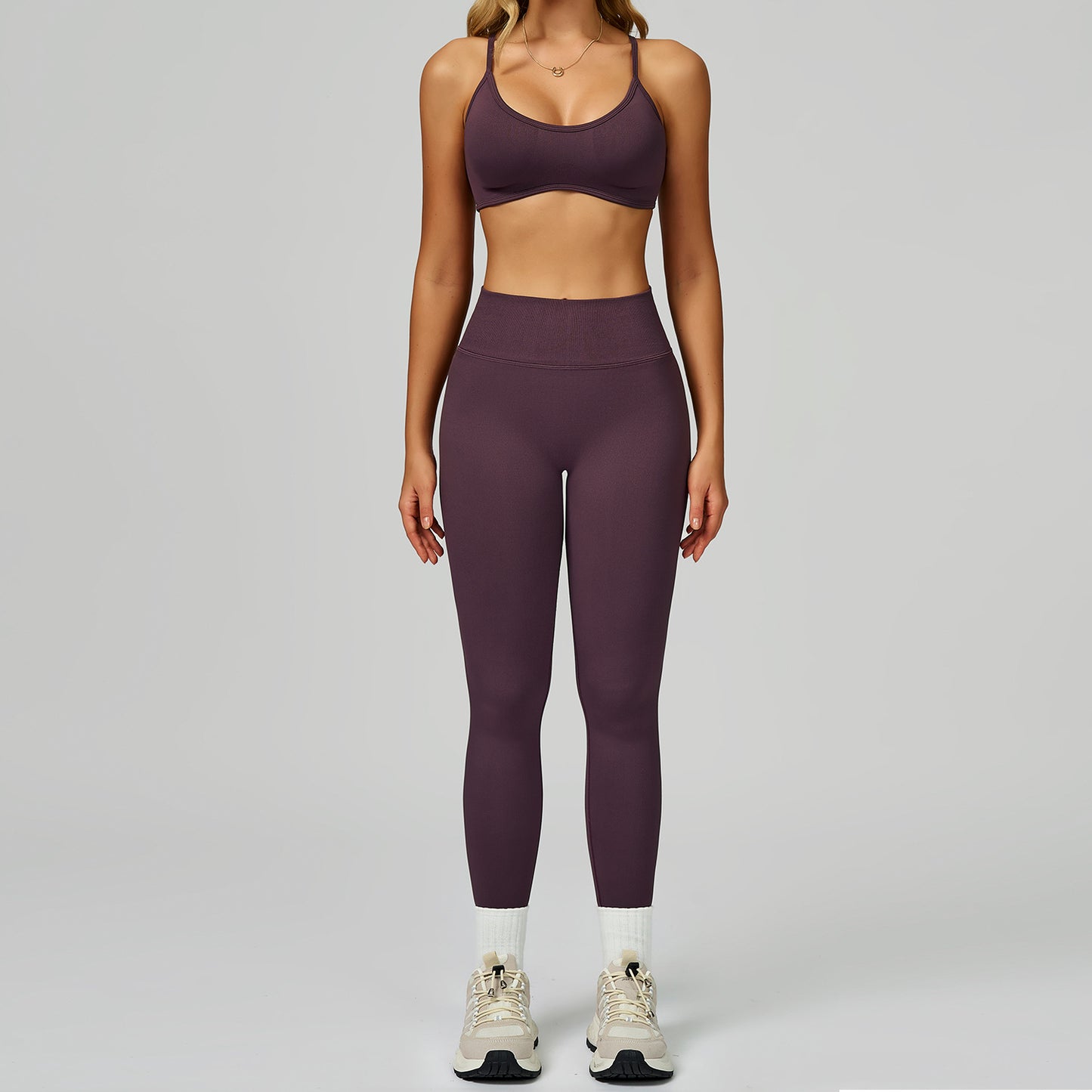 Seamless color blocking yoga set, hollow back and high waist fitness suit, outdoor running sports set for women-Women's Clothing-Dropsure