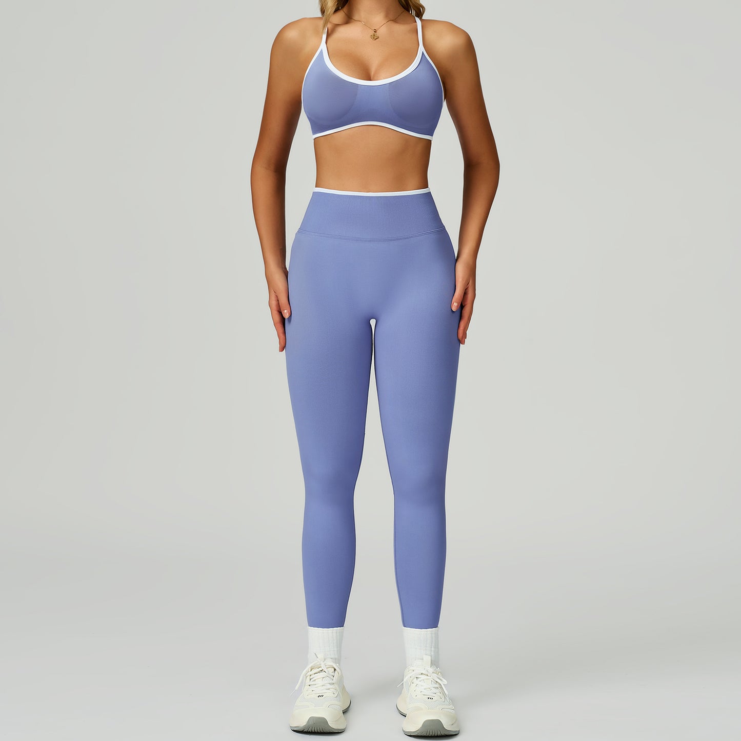 Seamless color blocking yoga set, hollow back and high waist fitness suit, outdoor running sports set for women-Women's Clothing-Dropsure