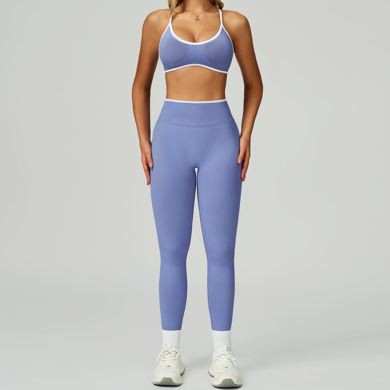 Seamless color blocking yoga set, hollow back and high waist fitness suit, outdoor running sports set for women-Women's Clothing-Dropsure