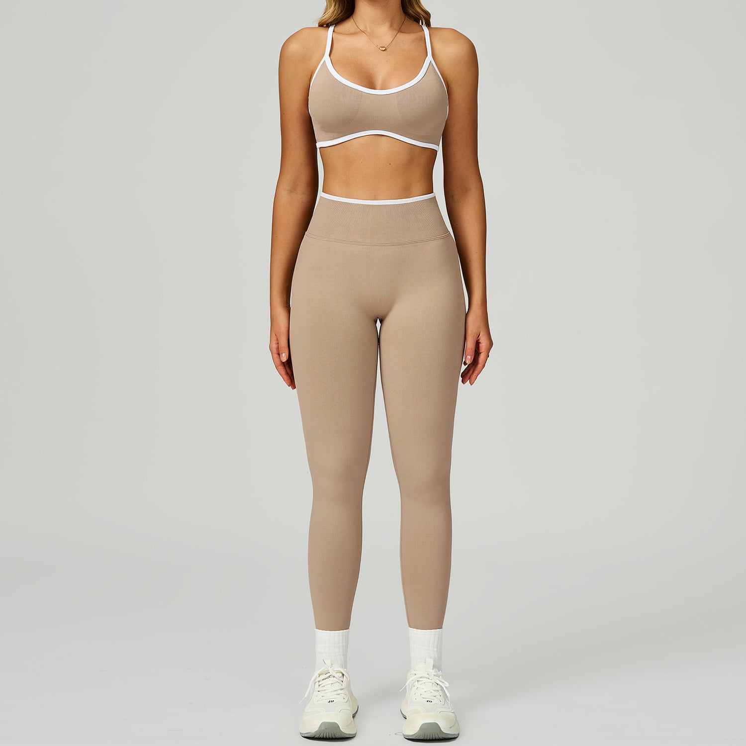 Seamless color blocking yoga set, hollow back and high waist fitness suit, outdoor running sports set for women-Women's Clothing-Dropsure