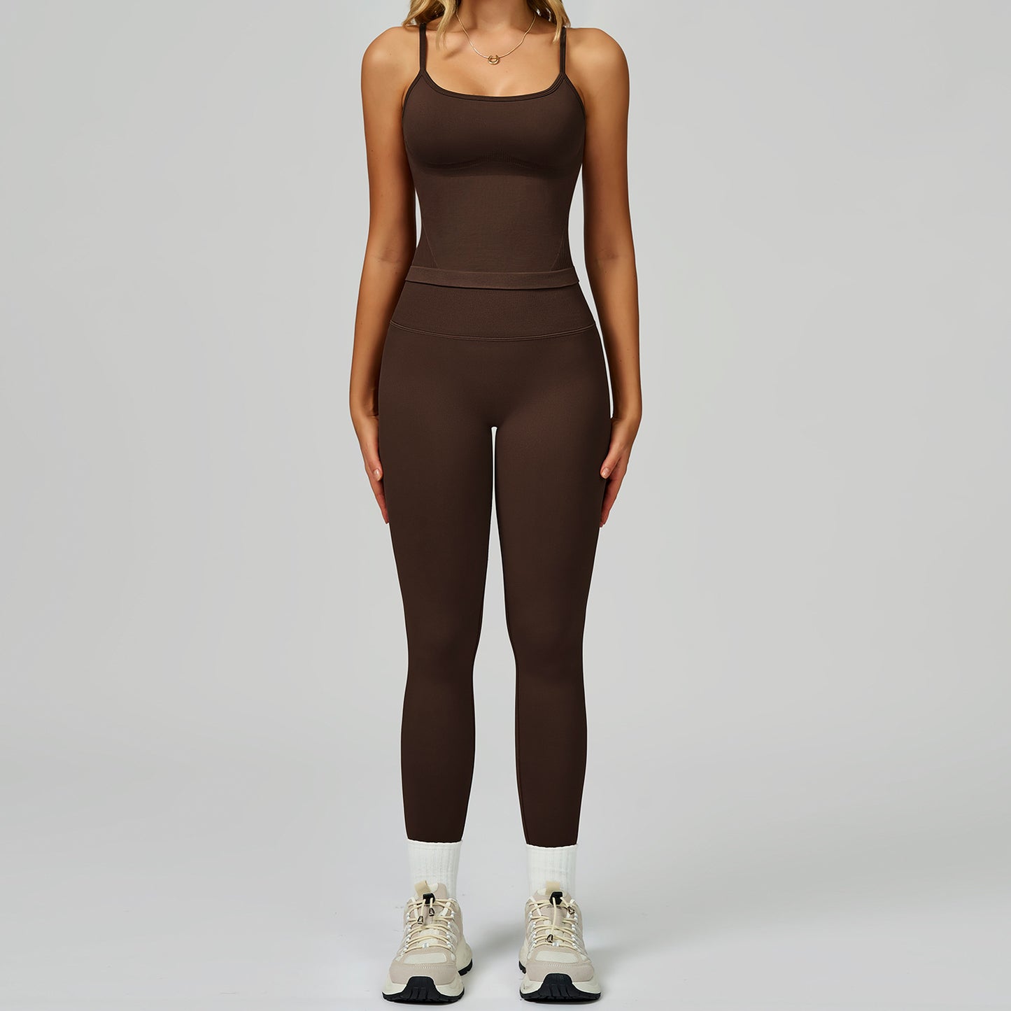 Seamless color blocking yoga set, hollow back and high waist fitness suit, outdoor running sports set for women-Women's Clothing-Dropsure