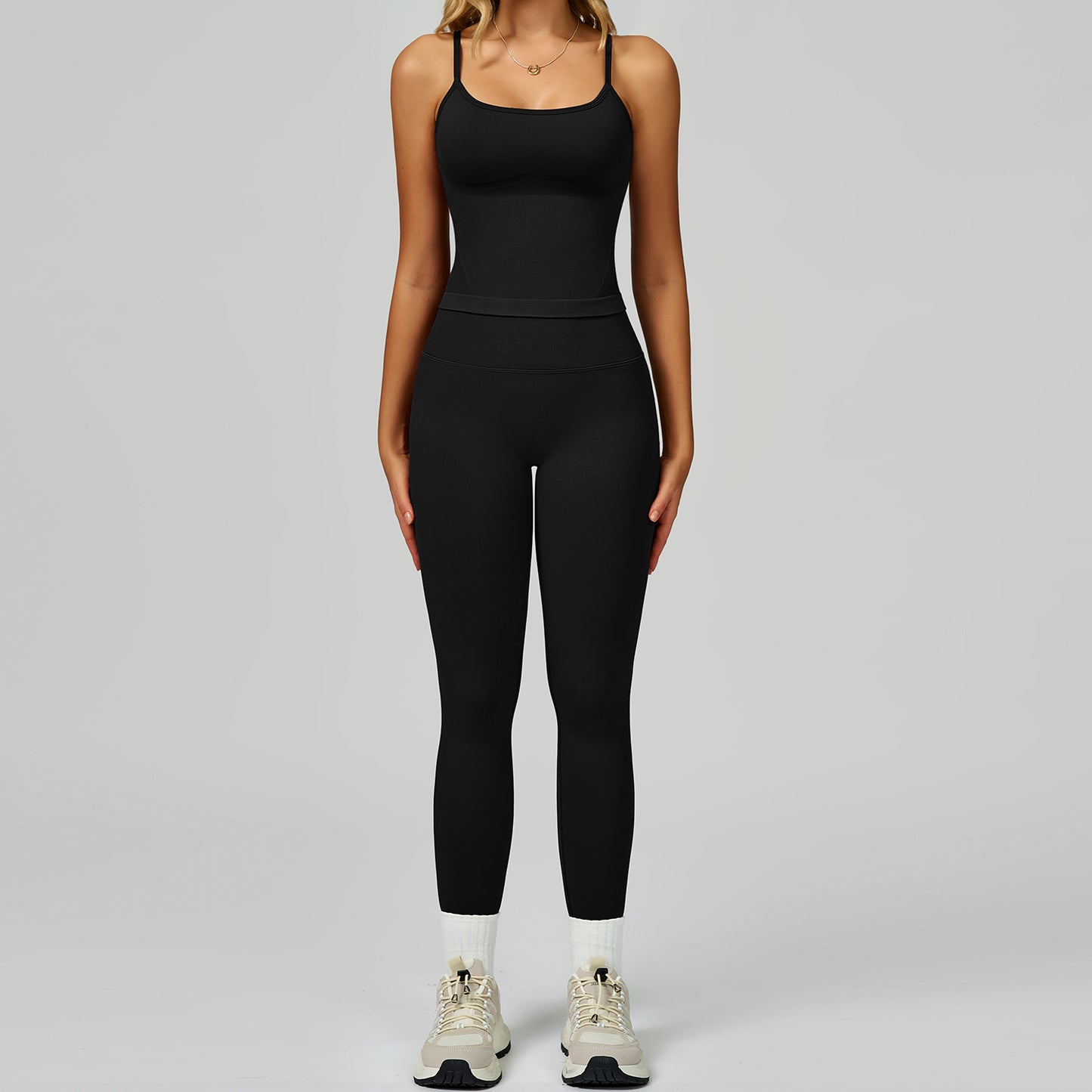 Seamless color blocking yoga set, hollow back and high waist fitness suit, outdoor running sports set for women-Women's Clothing-Dropsure