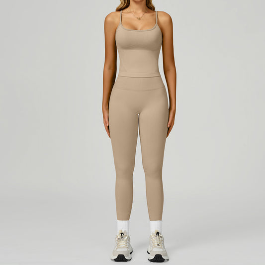 Seamless color blocking yoga set, hollow back and high waist fitness suit, outdoor running sports set for women-Women's Clothing-Dropsure
